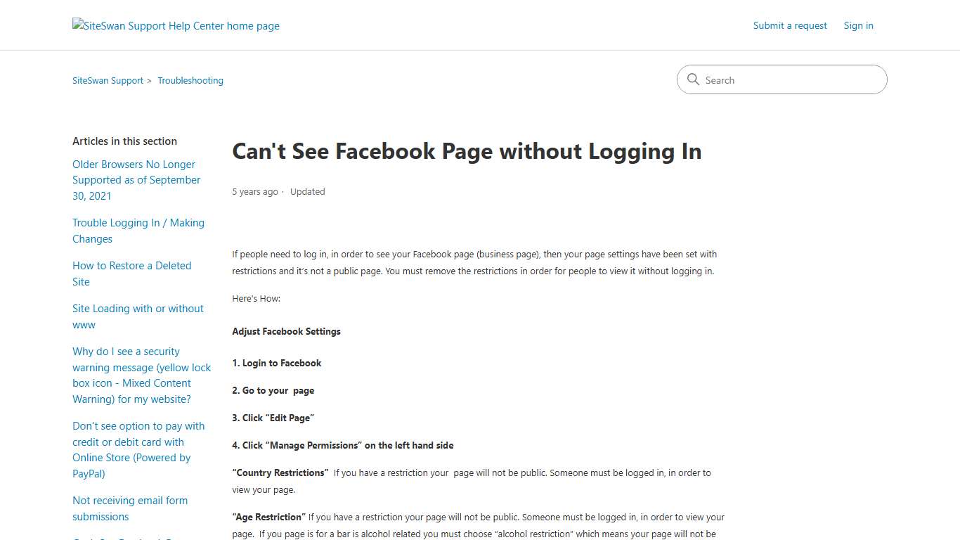 Can't See Facebook Page without Logging In – SiteSwan Support